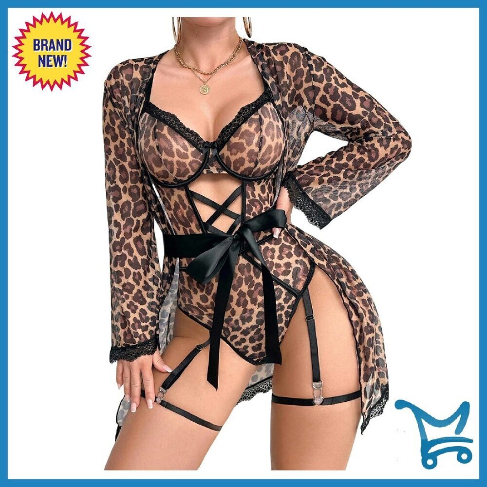 5-Piece Leopard Print Robe Lingerie Set with Lace Trim & Garter